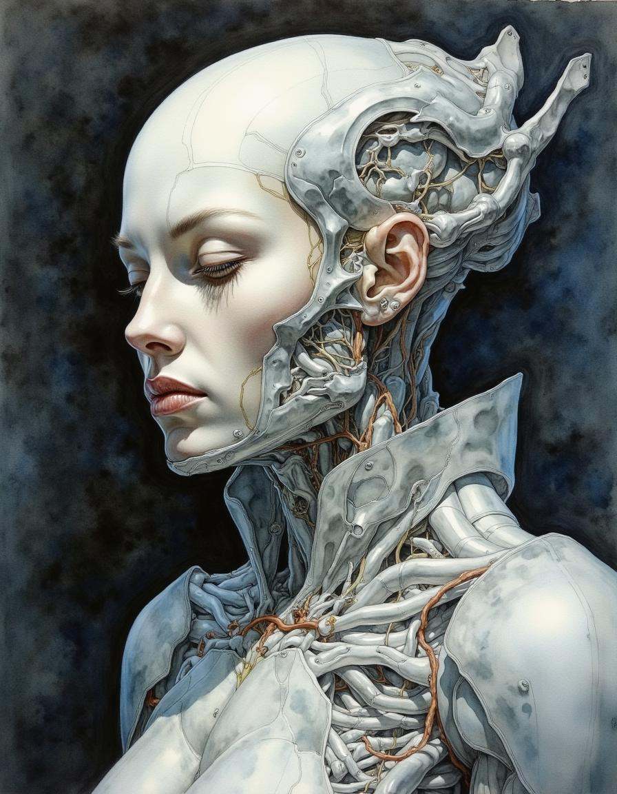 Portrait by Dorota Pietrowiak. This is a highly detailed,  surrealistic watercolor painting of a a futuristic,  humanoid f...
