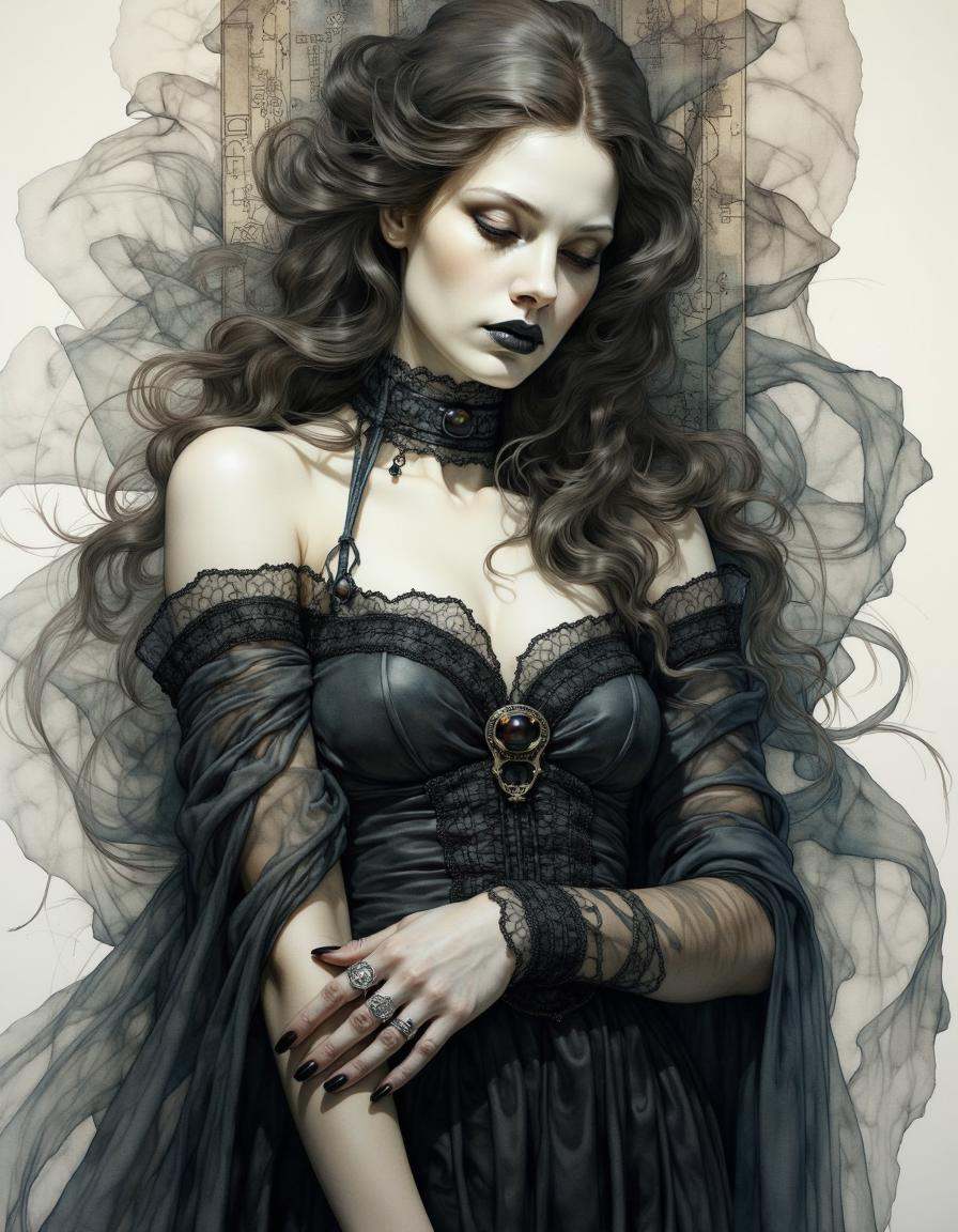 Portrait by Dorota Pietrowiak. This is a highly detailed,  surrealistic watercolor painting of a a gothic goddess,  her be...