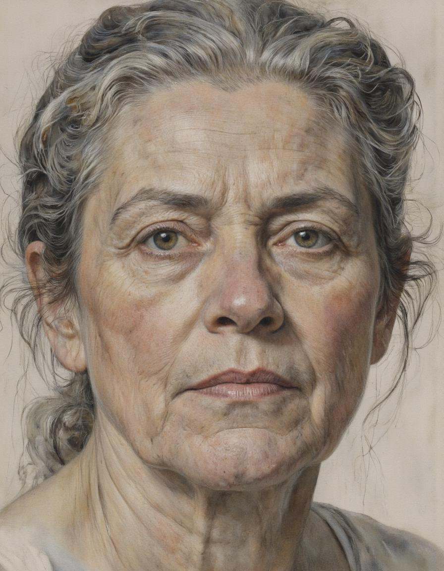 Dorotanima style.. A realistic portrait of a middle-aged woman,  captured from a portrait camera angle,  featuring a detai...