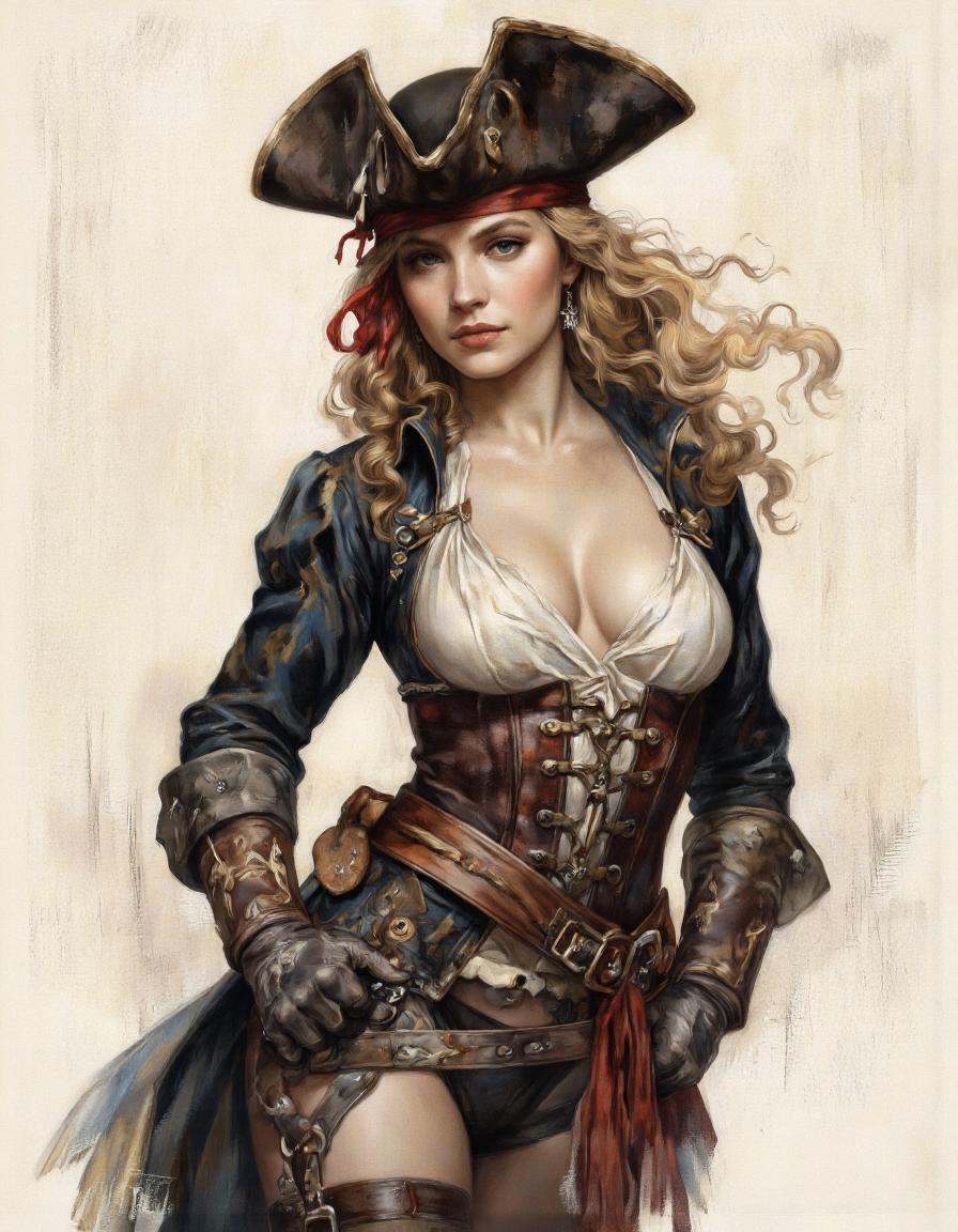 Dorotanima style.A digital drawing featuring a solo focus,  vintage illustration of a sexy female pirate,  heroic fantasy...