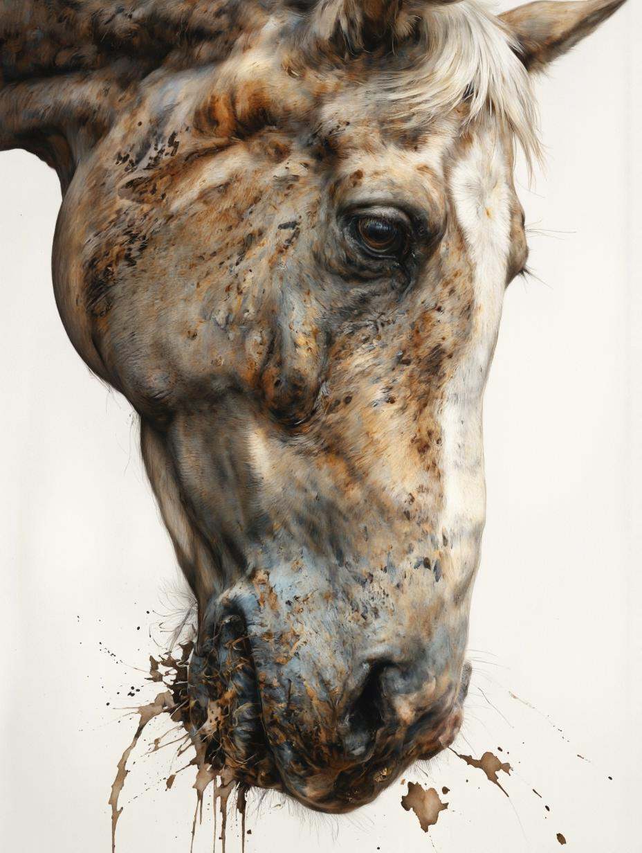 Dorotanima style.. A close-up,  detailed and realistic digital illustration of a horse's head and face,  captured from a p...