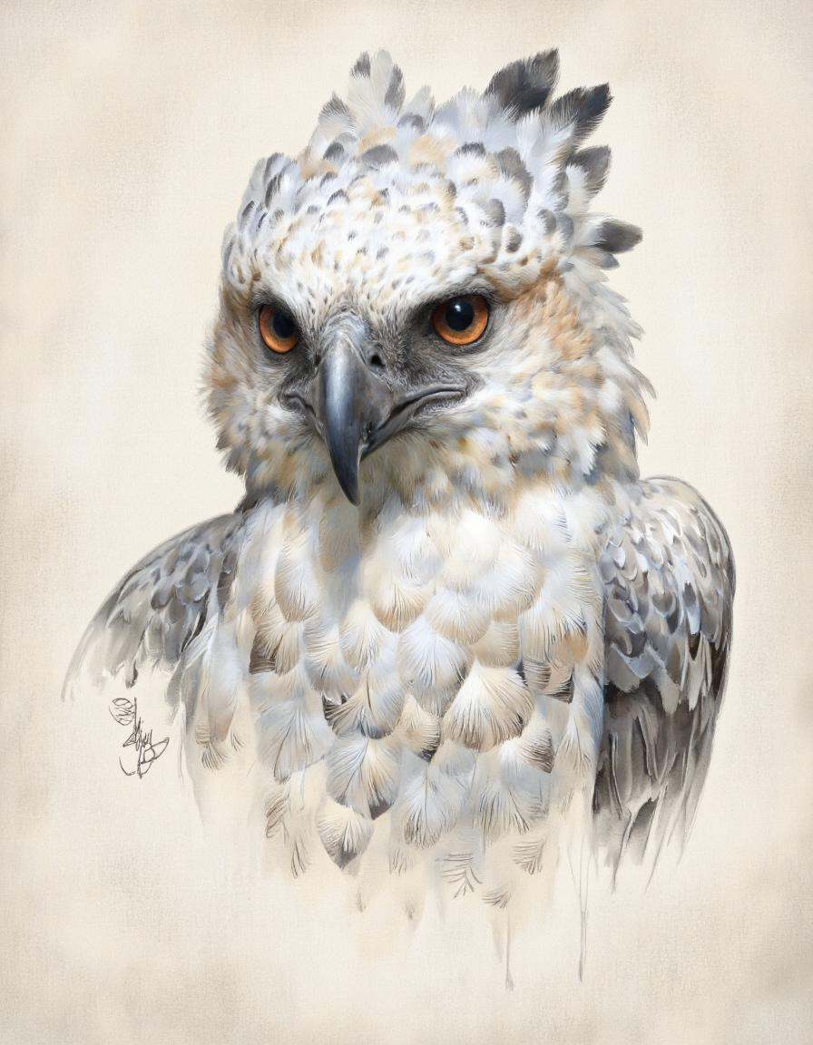 Dorotanima style.A realistic and detailed digital illustration of a harpy eagle,  captured in a portrait camera angle from...
