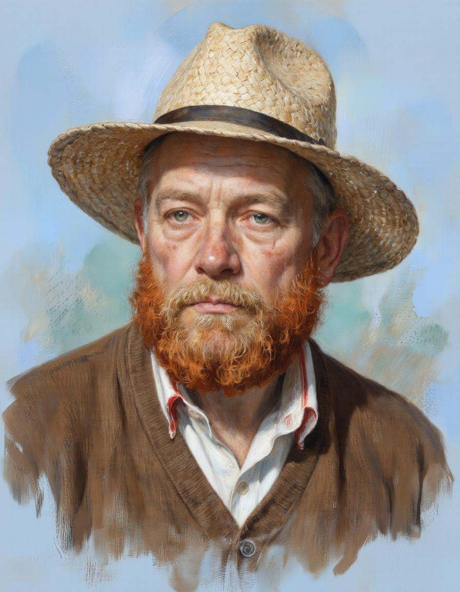 Dorotanima style.A realistic and detailed digital illustration of an elderly man with a straw hat and a red beard,  painte...