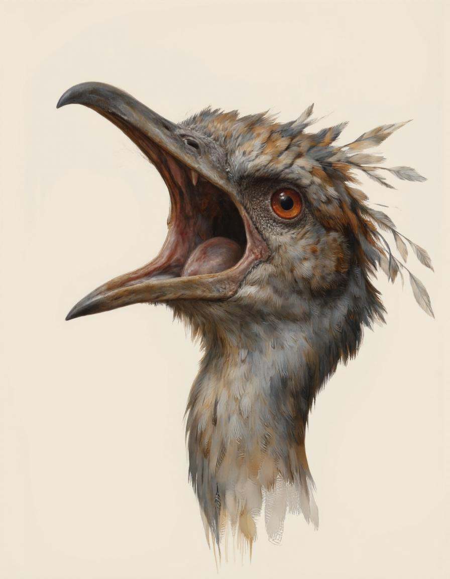 Dorotanima style.A realistic and detailed digital illustration of a bird with a feathered head and a long beak,  which app...