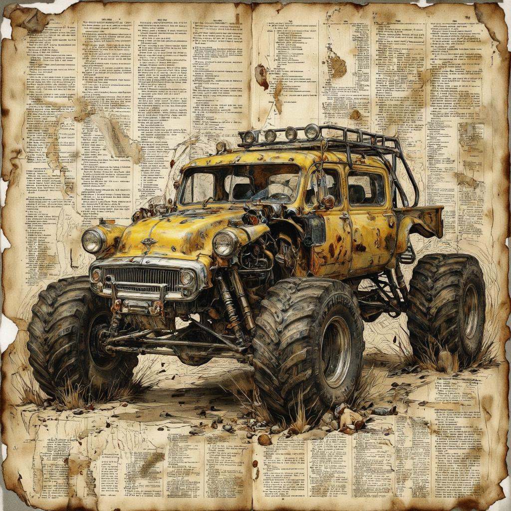 Dorotanima style.. A digital illustration of a vintage,  yellow,  monster truck with a unique design on Tensor.Art