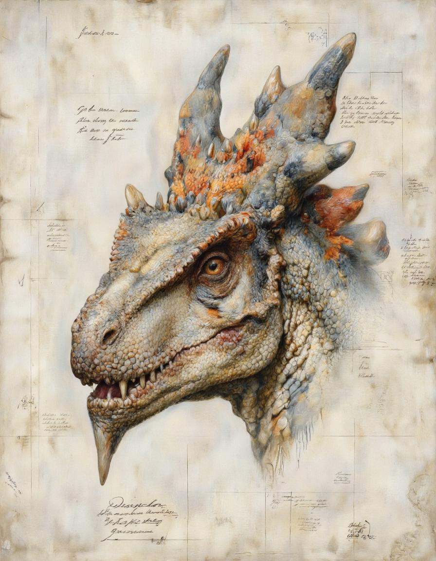 Dorotanima style.A realistic and detailed digital illustration of a reptile's head from a side angle,  captured from a fro...