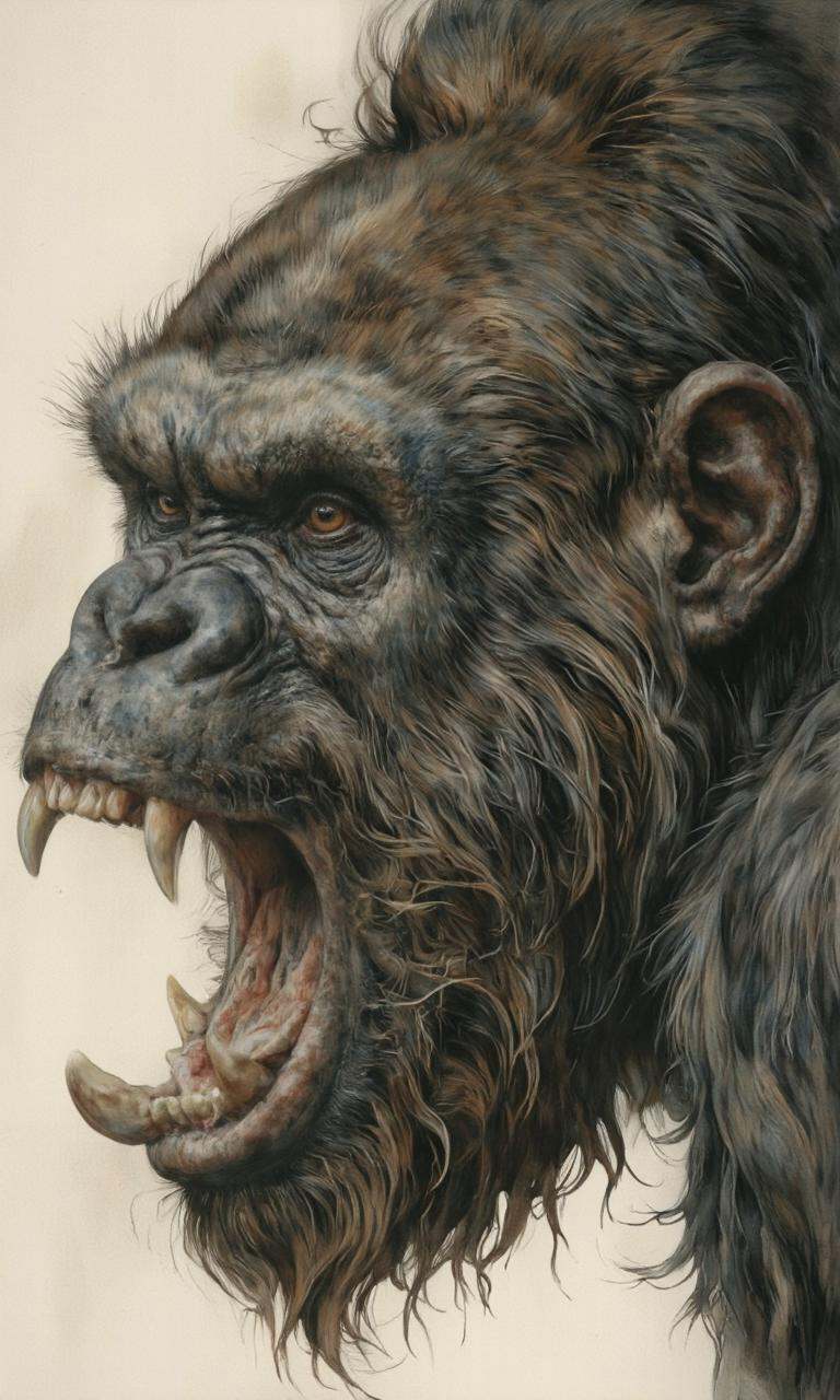 Dorotanima style.. A highly detailed and realistic illustration of a gorilla's face in a fierce expression,  captured from...