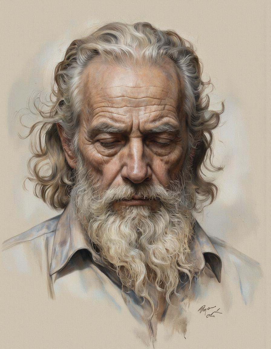 Dorotanima style.. A realistic digital illustration shoot from a portrait camera angle about a portrait of an elderly man...