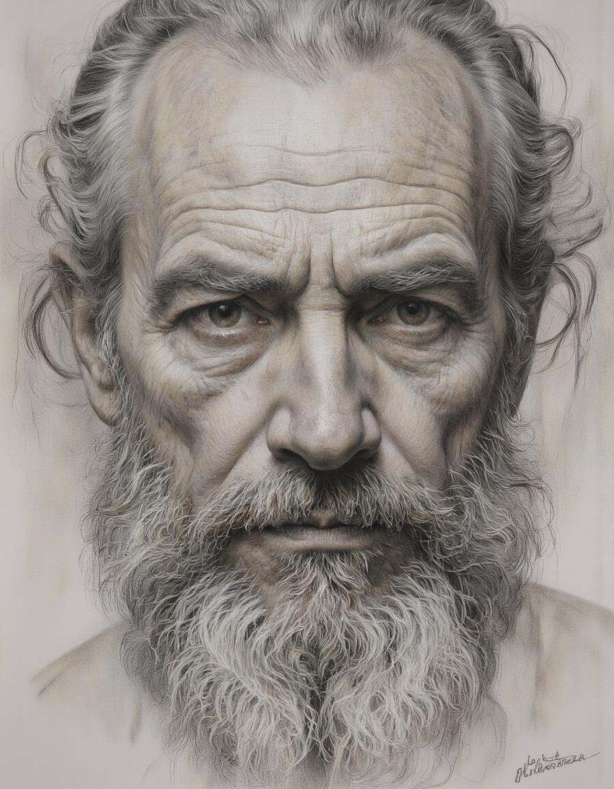 Dorotanima style.. A realistic pencil sketch portrait of an elderly man with wrinkled skin and a long beard,  captured in...
