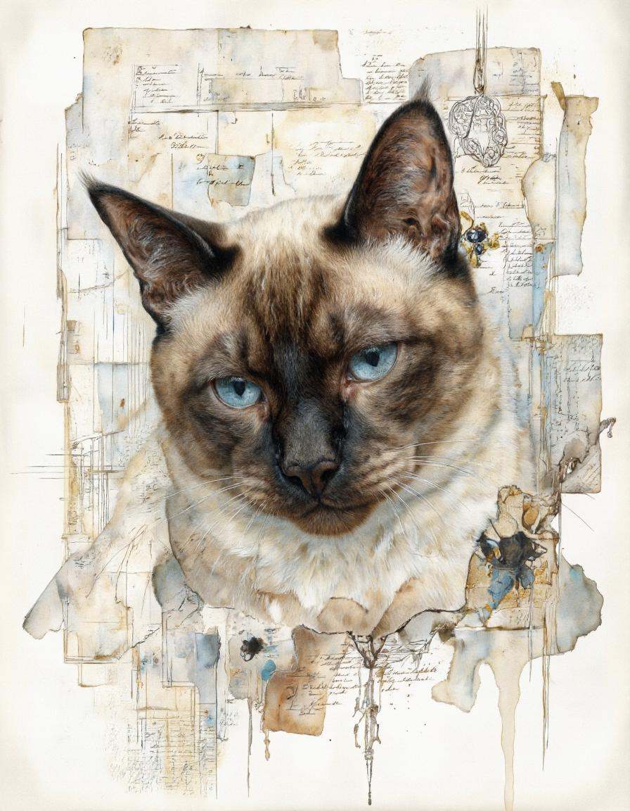 Dorotanima style.A realistic and detailed digital illustration of a portrait of a siamese cat with blue eyes,  depicted in...