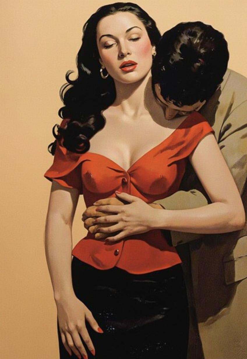 A vintage pin-up illustration from a 1940s comic book style,  depicting a sensual moment between a woman and a man. a woma...