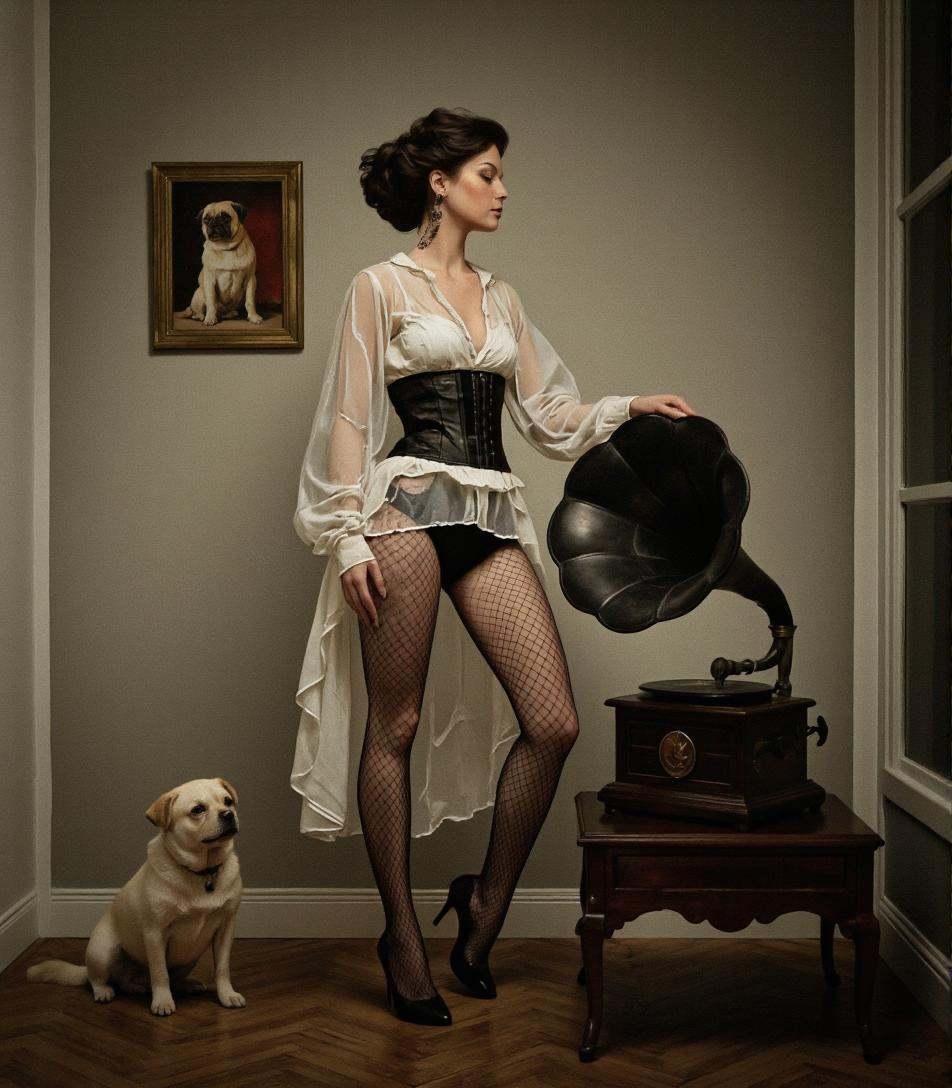 A photo-realistic shoot from a side angle about a woman standing next to a vintage gramophone in a dimly lit room,  accomp...