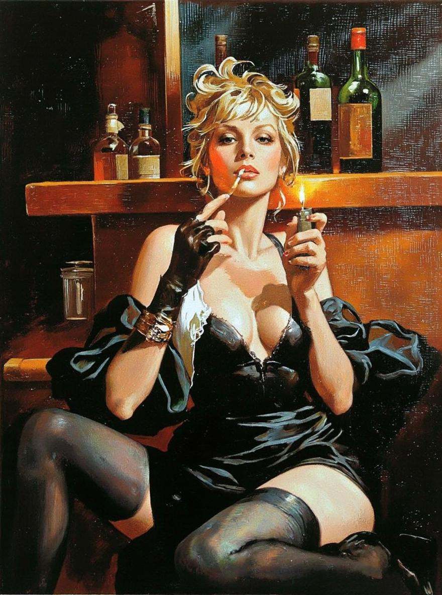 By José Luiz Benício. A painting of a woman sitting in a dimly lit bar,  smoking a cigarette while holding a lighter. the...