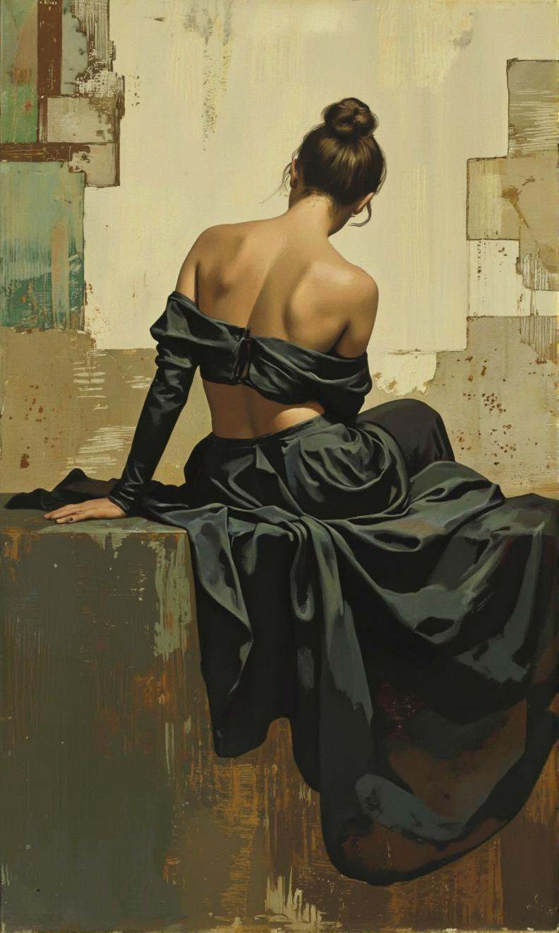 José Luiz Benício. A photo-realistic painting of a woman from behind,  sitting on a textured surface with a rustic,  abstr...