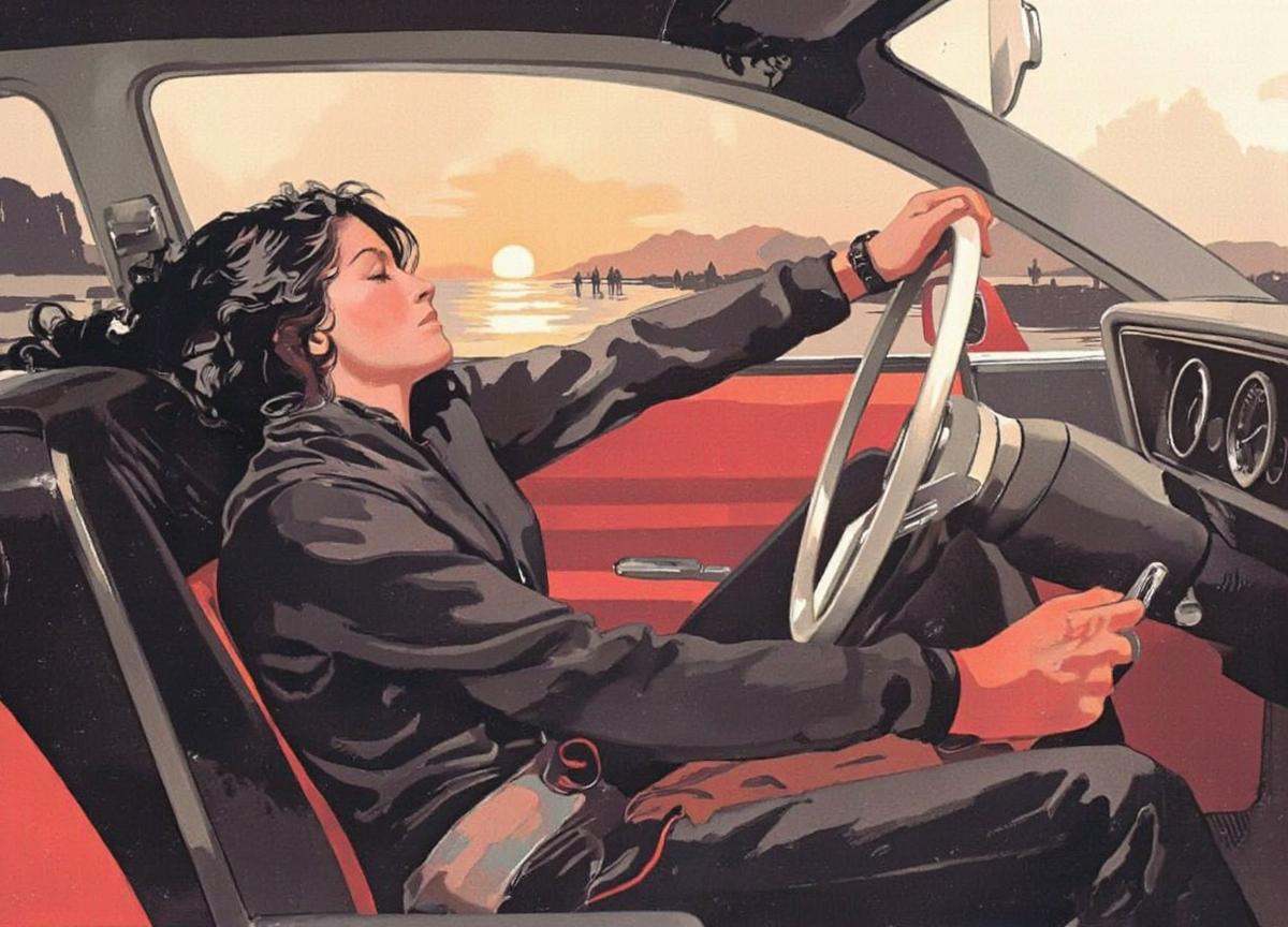 By José Luiz Benício. A stylized illustration of a woman driving a car at sunset,  with the driver's side facing the viewe...