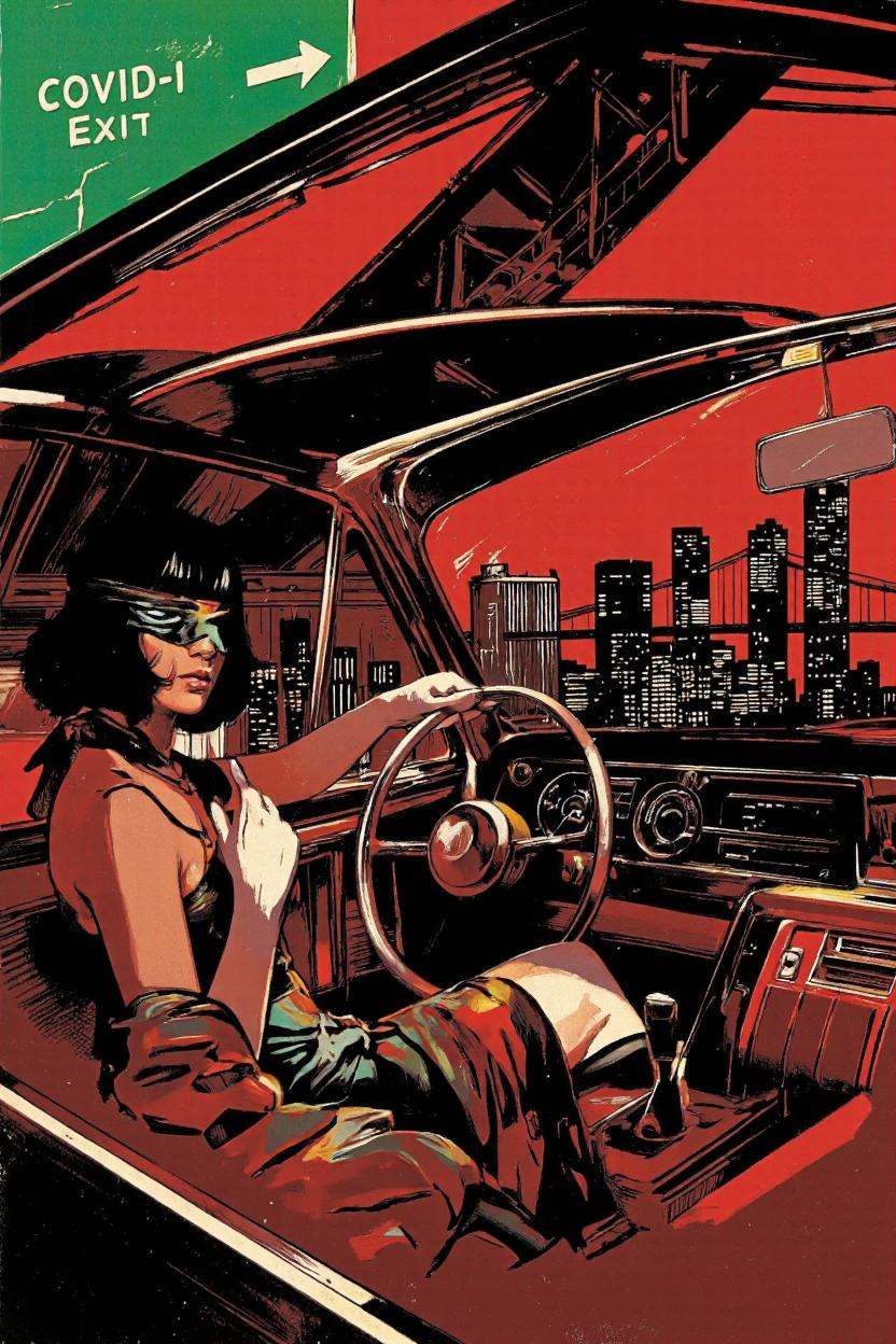 By José Luiz Benício. A pop art illustration of a woman driving a car at night,  with a city skyline in the background. th...
