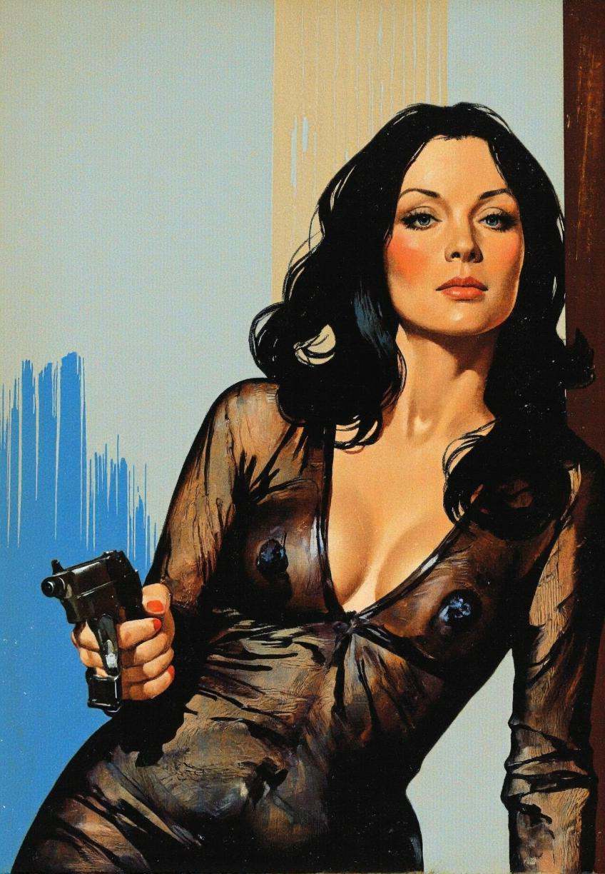 By José Luiz Benício. A vintage pop art style illustration of a woman in a revealing black dress,  holding a gun in her ri...