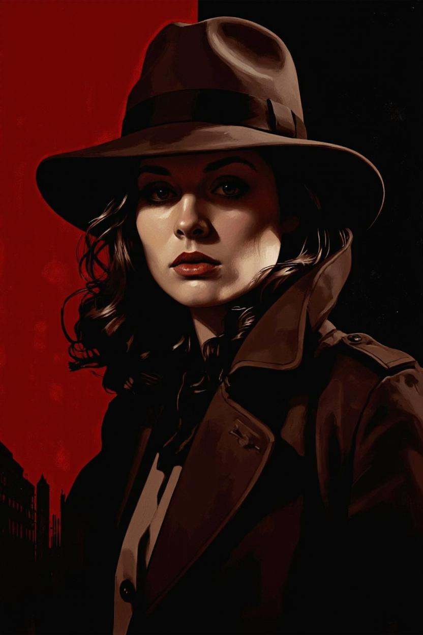 A digital illustration shoot from a portrait camera angle about a portrait of a woman wearing a fedora hat and a trench co...