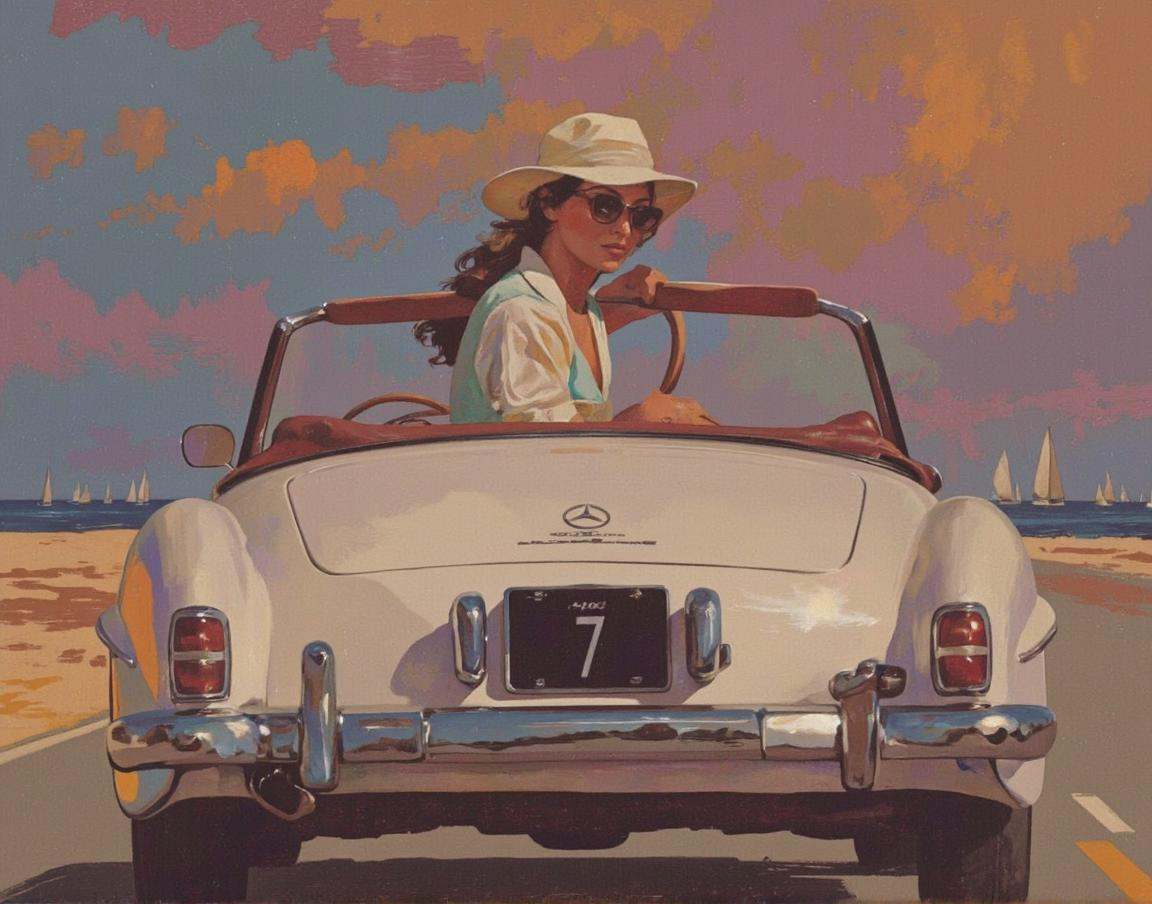 A digital painting of a woman driving a vintage Mercedes-Benz 190SL convertible car with the number 7 on the license plate...