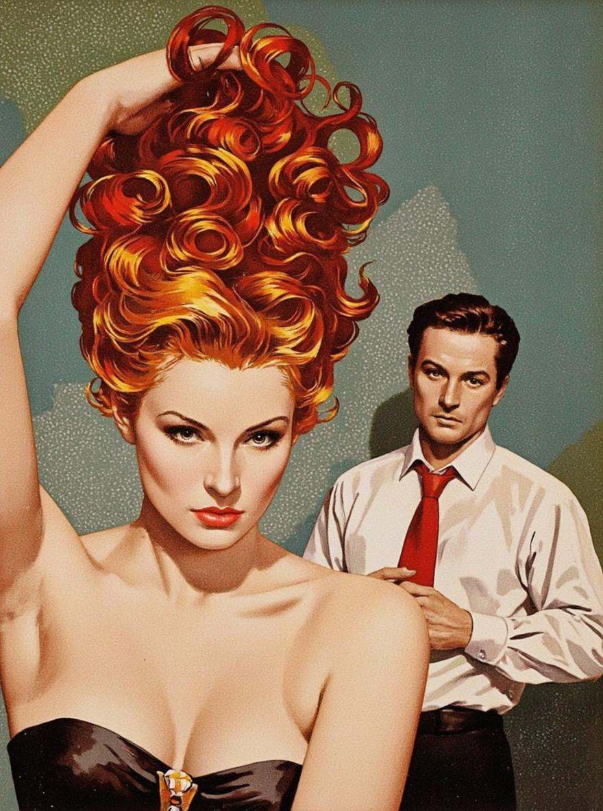 José Luiz Benício. A vintage illustration from a magazine advertisement about a woman with curly red hair adjusting her ha...