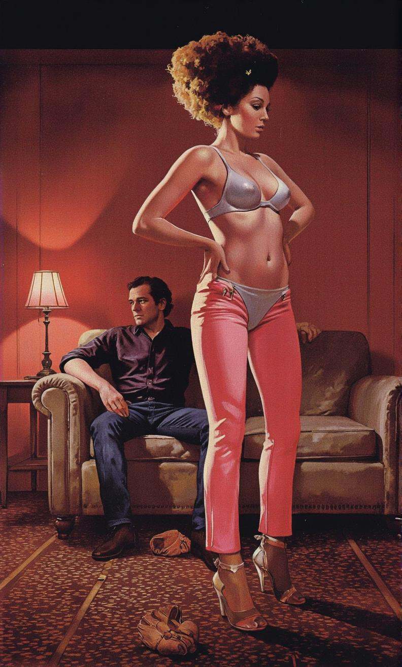 José Luiz Benício. A vintage movie poster from a rear camera angle,  featuring a stylized illustration of a man and a woma...