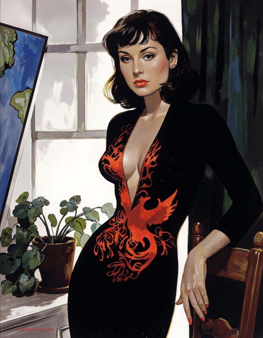 By José Luiz Benício. A vintage illustration from a portrait camera angle of a woman in a black and red phoenix-patterned...