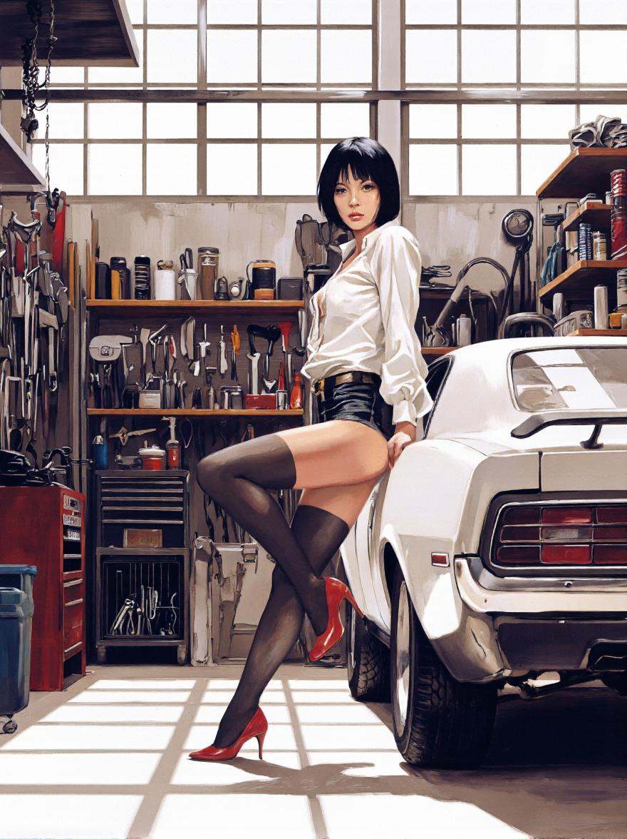 By José Luiz Benício. A digital illustration shoot from the side about a young woman posing next to a classic car in a gar...