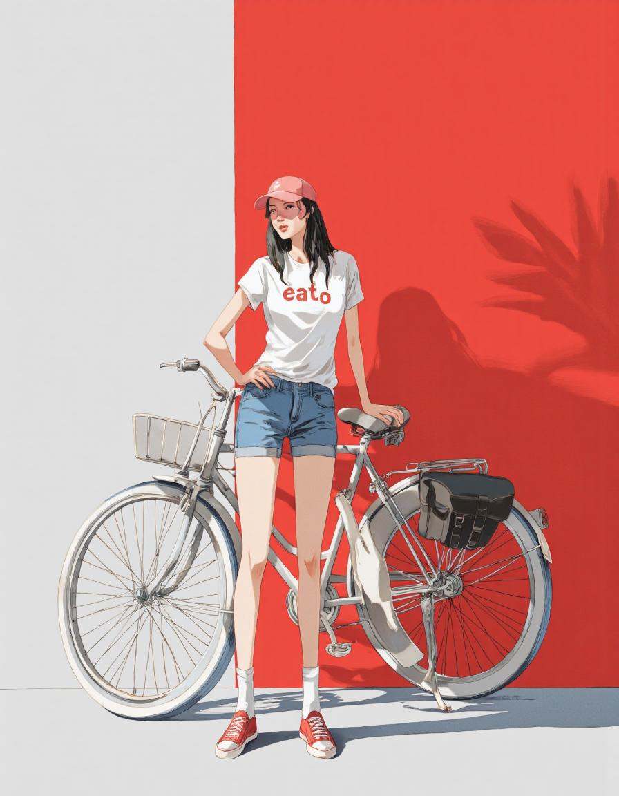 By ** Zhang. A digital illustration shoot from the front about a young woman standing next to a bicycle against a red and...