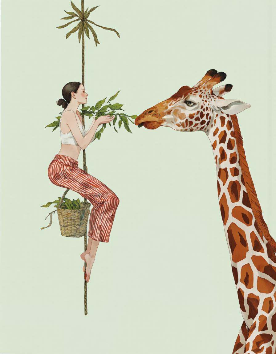 By ** Zhang. A digital illustration shoot from the side about a young woman hanging from a rope with a basket full of leav...