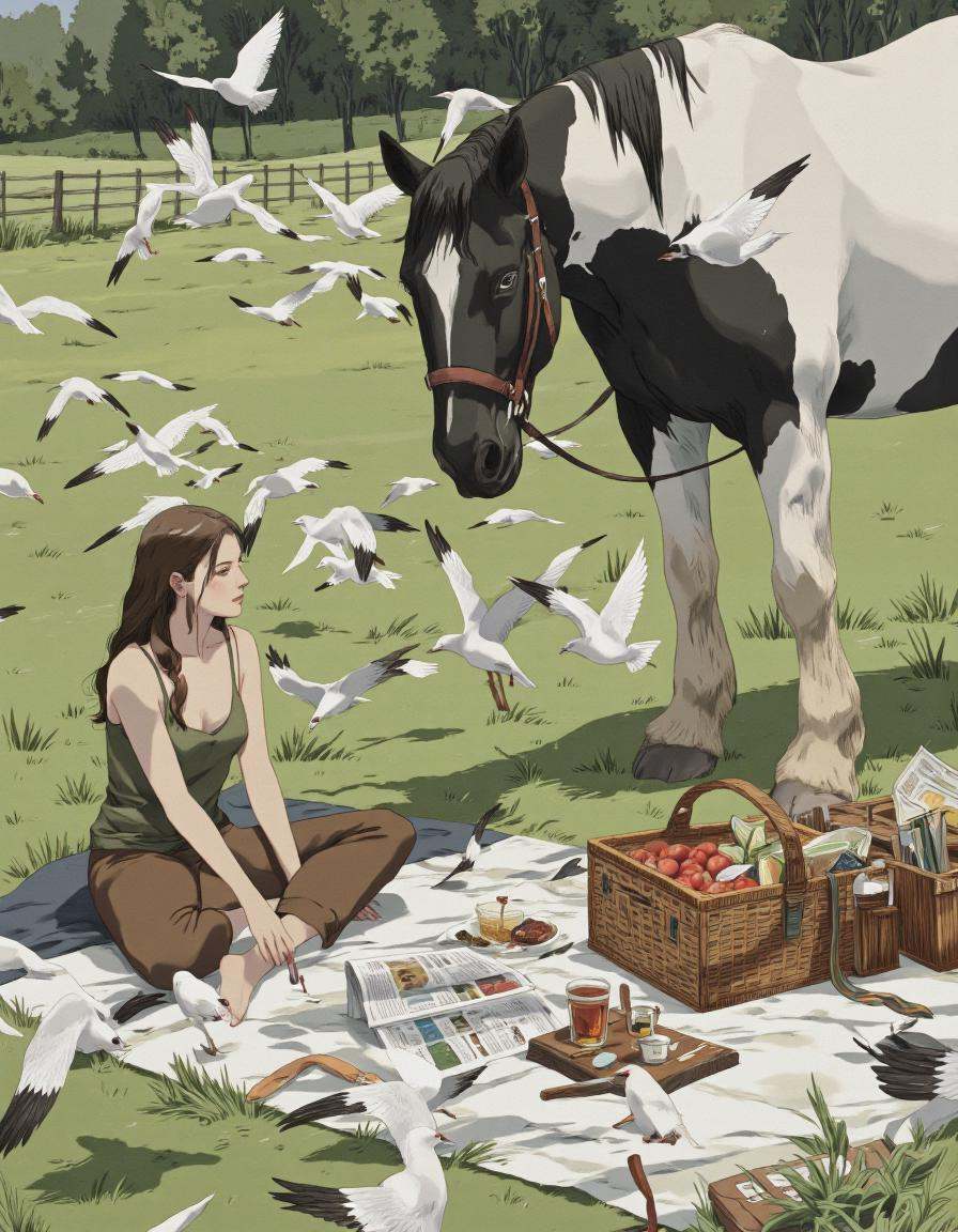 By ** Zhang. A digital illustration shoot from the side about a young woman sitting at a picnic table with a horse in the...