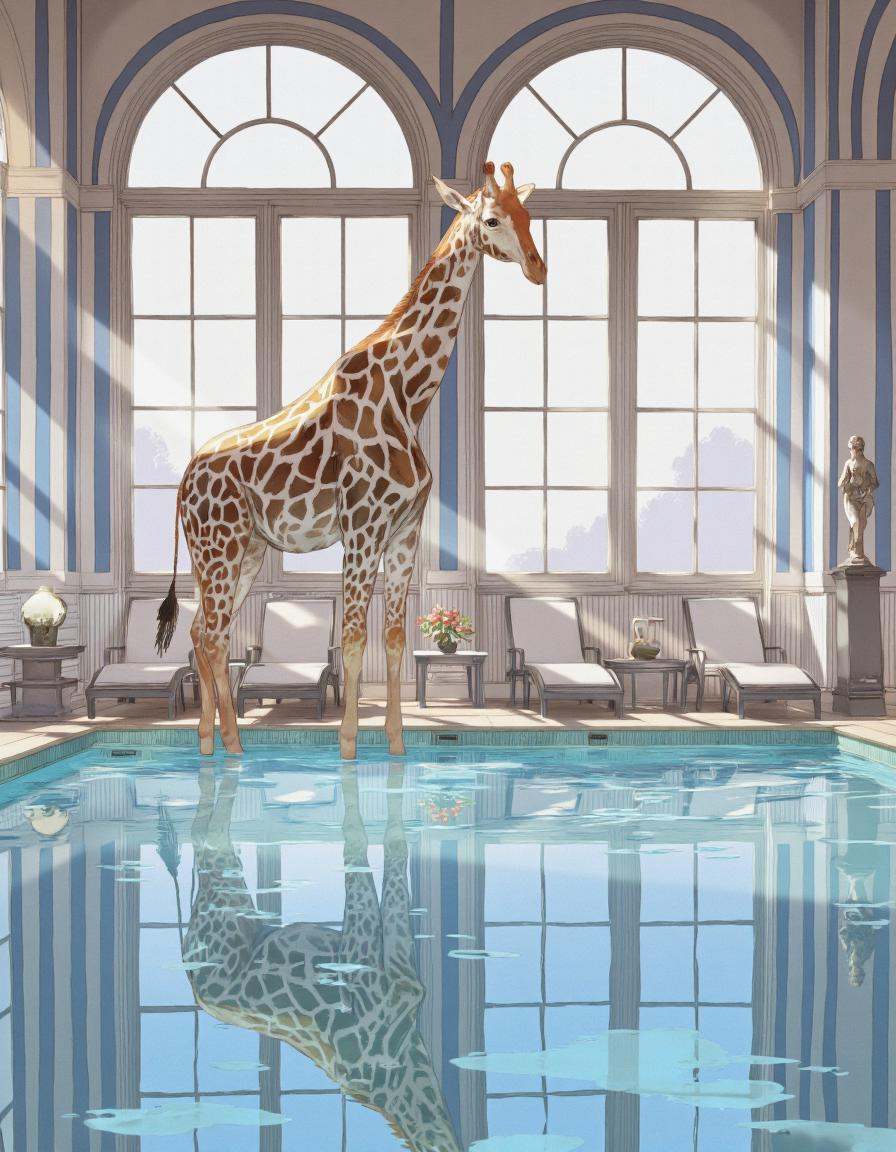 By ** Zhang. A digital illustration shoot from the side about a giraffe standing in a luxurious indoor swimming pool,  ref...