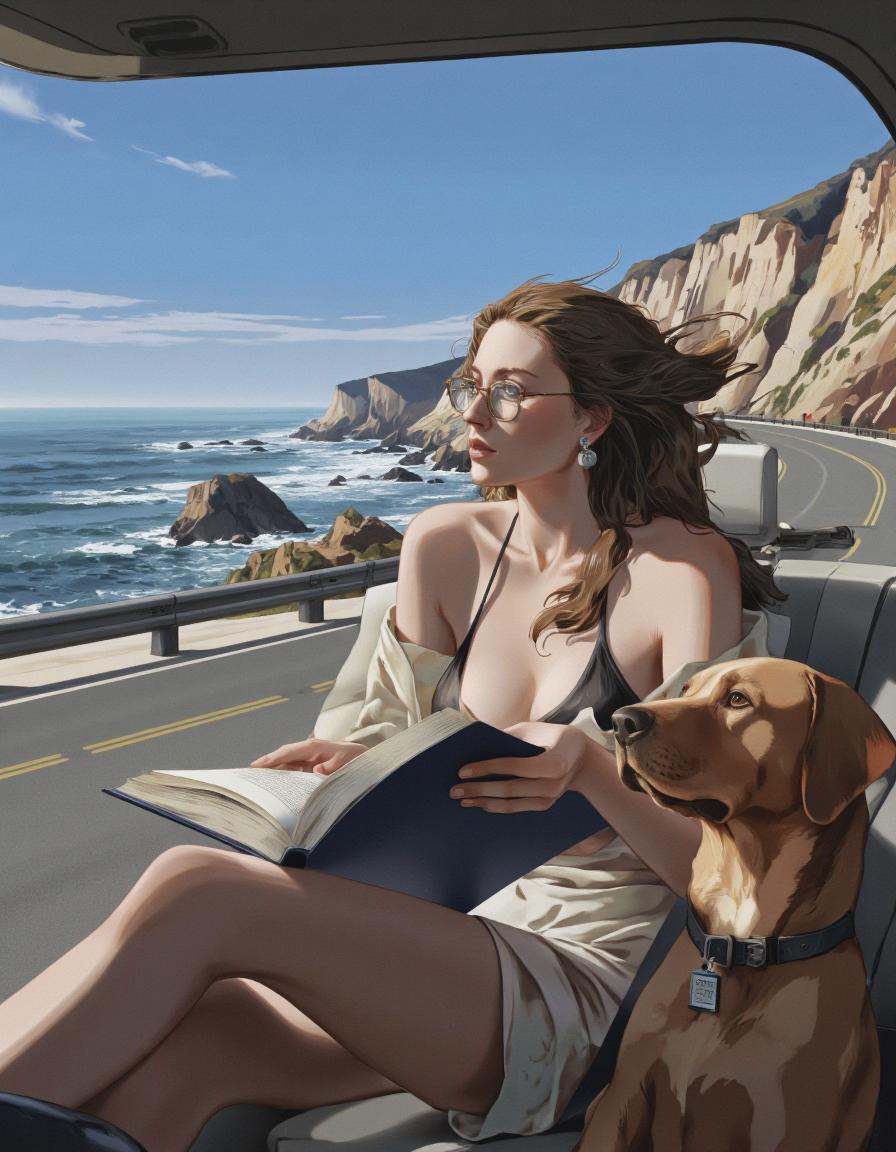 By ** Zhang. A digital illustration shoot from the side about a woman and her dog sitting in the back of a car,  reading a...