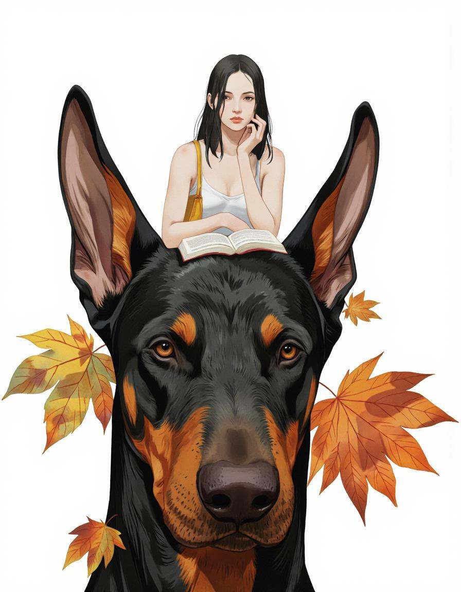 By ** Zhang. A digital illustration shoot from the front about a portrait of a black and tan doberman dog with large ears,...