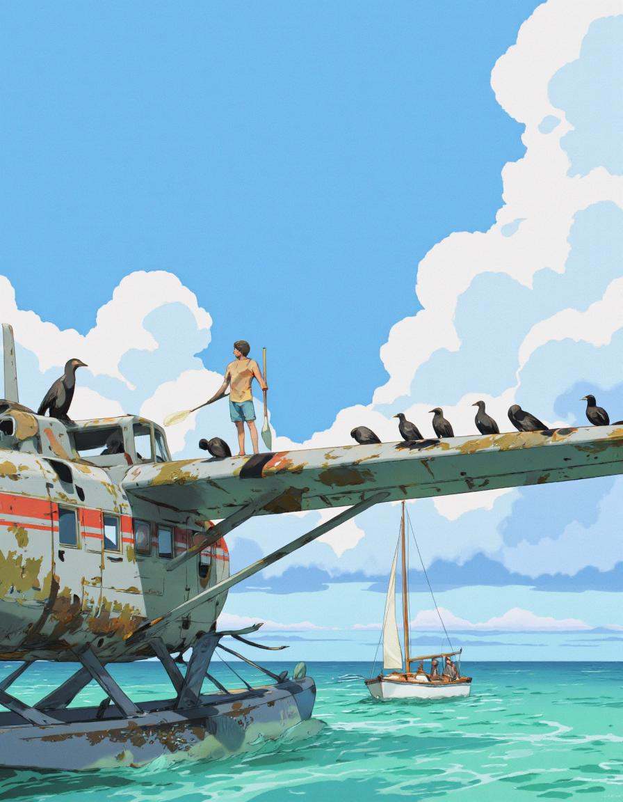 By ** Zhang. A digital illustration shoot from the side about a seascape scene featuring a man standing on the edge of a s...