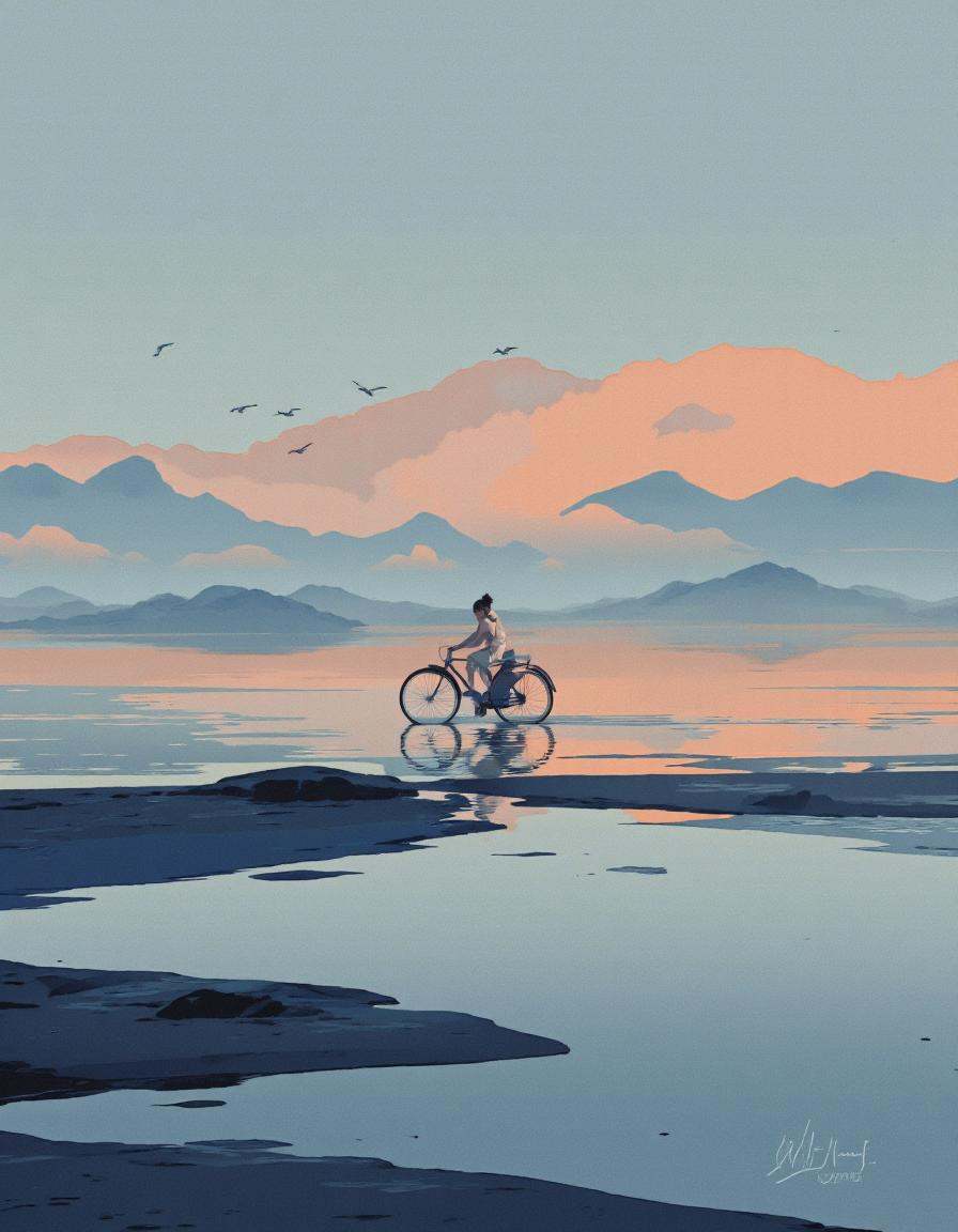 By ** Zhang. A surreal digital illustration shoot from a low angle,  featuring a desolate landscape with a person riding a...