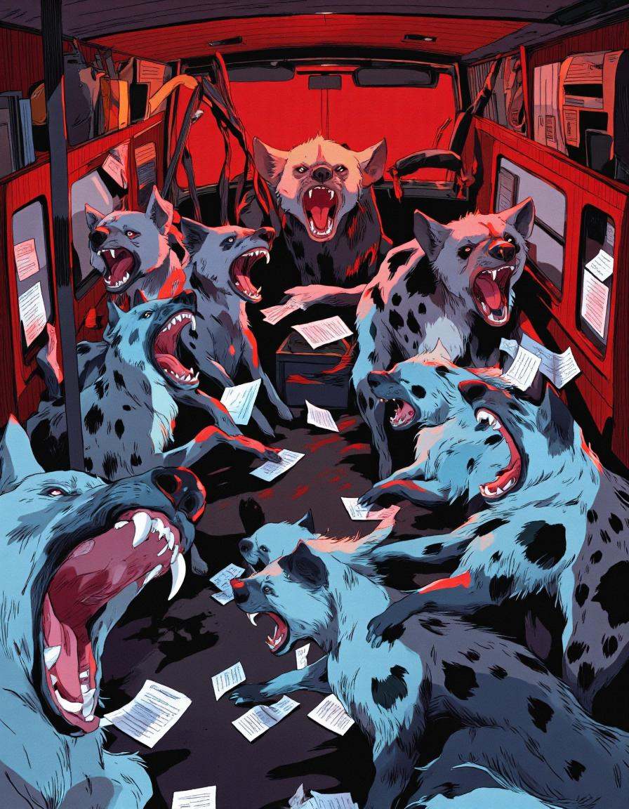 By ** Zhang. A vibrant,  cartoonish illustration of a chaotic scene inside a vehicle,  depicting a group of six hyenas in...