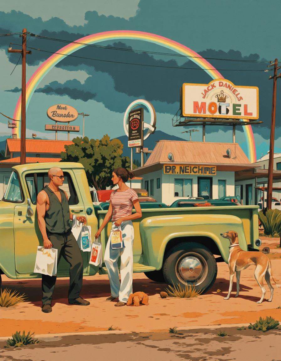 By ** Zhang. A digital illustration shoot from the side about a vibrant,  retro-style illustration of a roadside scene fea...