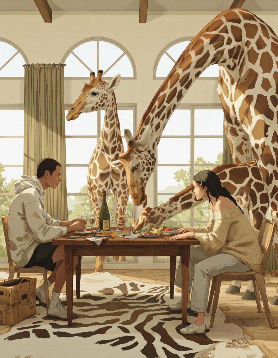 By ** Zhang. A digital illustration shoot from the front about a cozy dining room scene featuring two giraffes interacting...