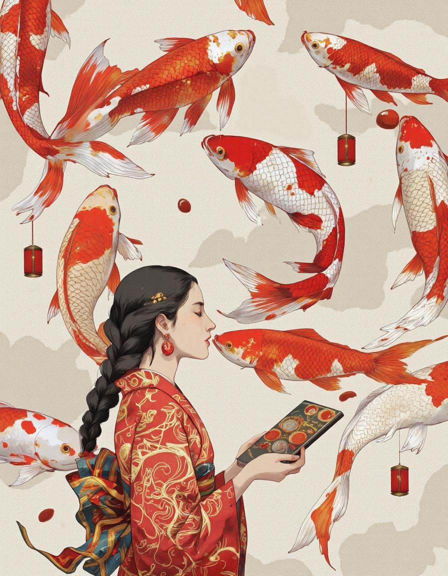 By ** Zhang. A digital illustration shoot from a profile angle about a woman in traditional oriental attire surrounded by...