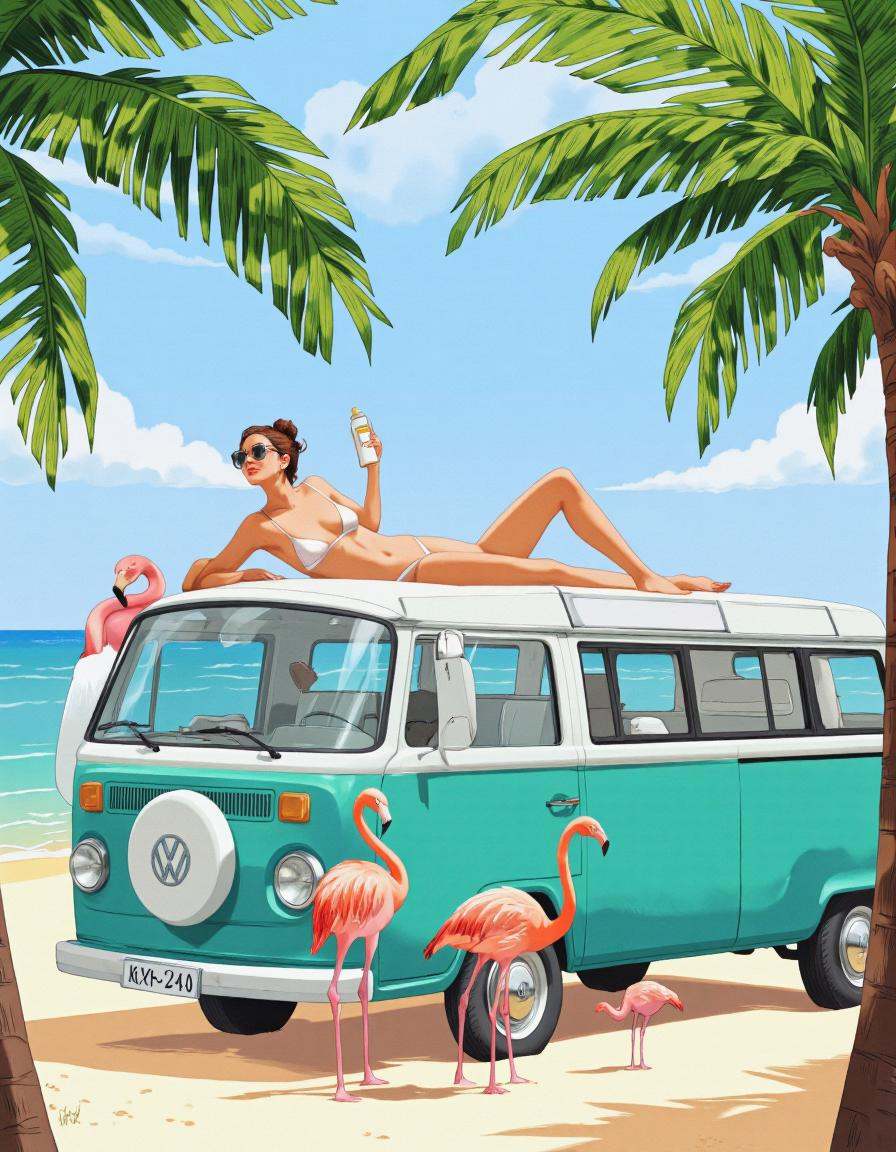 By ** Zhang. A vibrant and colorful illustration from a side angle,  depicting a woman lounging on the roof of a turquoise...