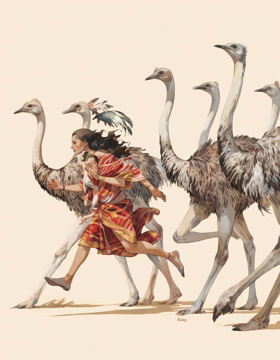 By ** Zhang. A digital illustration shoot from the front about a stylized illustration of a woman running alongside four o...