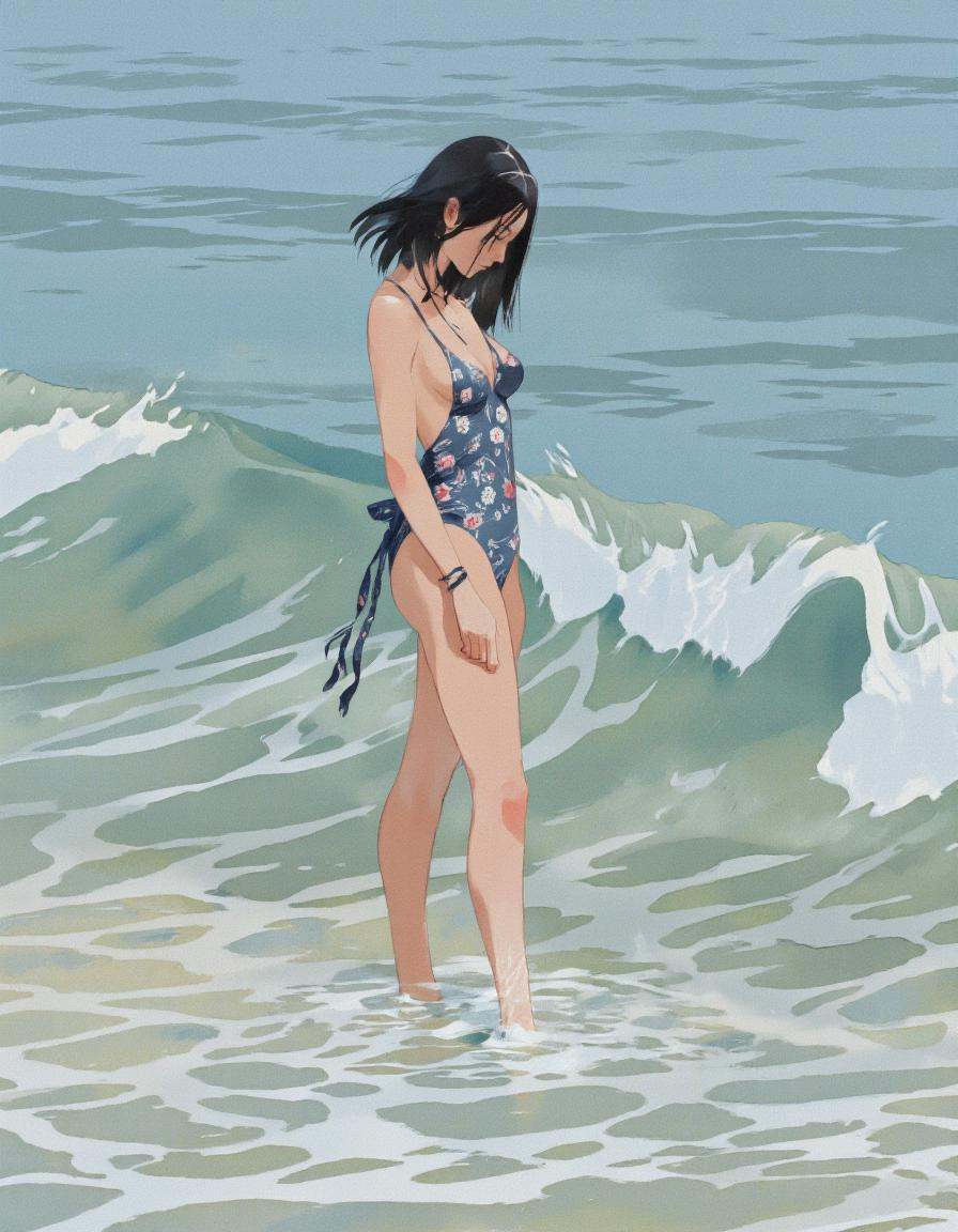 By ** Zhang. A digital illustration shoot from a bird's eye view about a woman standing in shallow water at the beach,  lo...