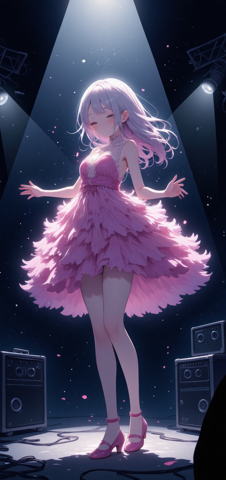 The photo shows run from the anime,  standing in a dark room in the spotlight. The anime behemoth is dressed in a fluffy p...