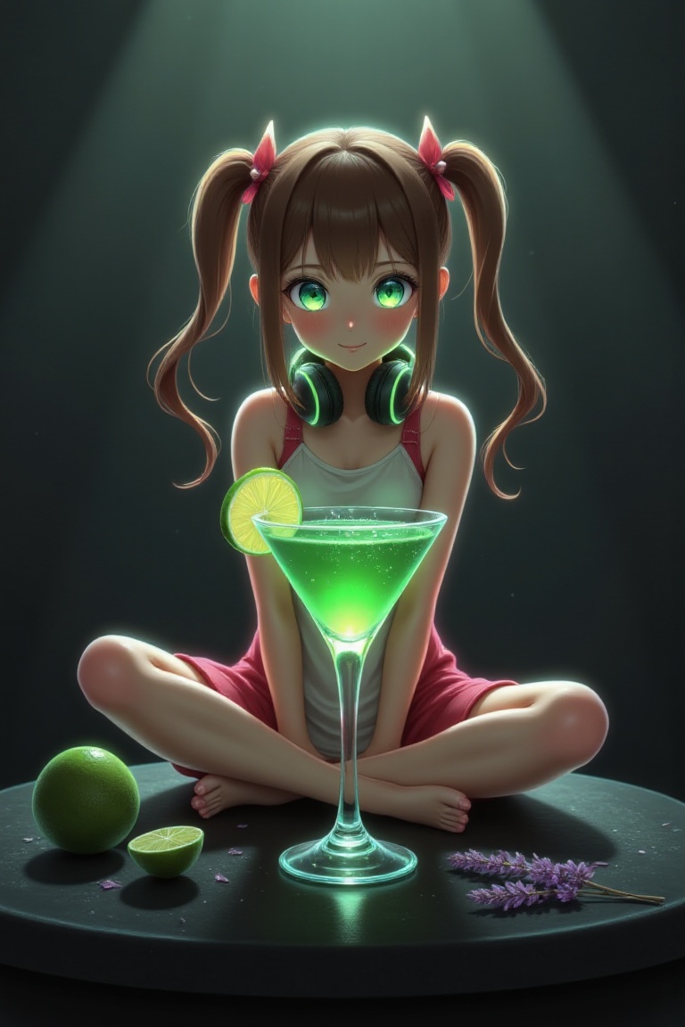 A green cocktail in a classic martini glass glitters softly on the dark surface,  its rim is decorated with a slice of lim...