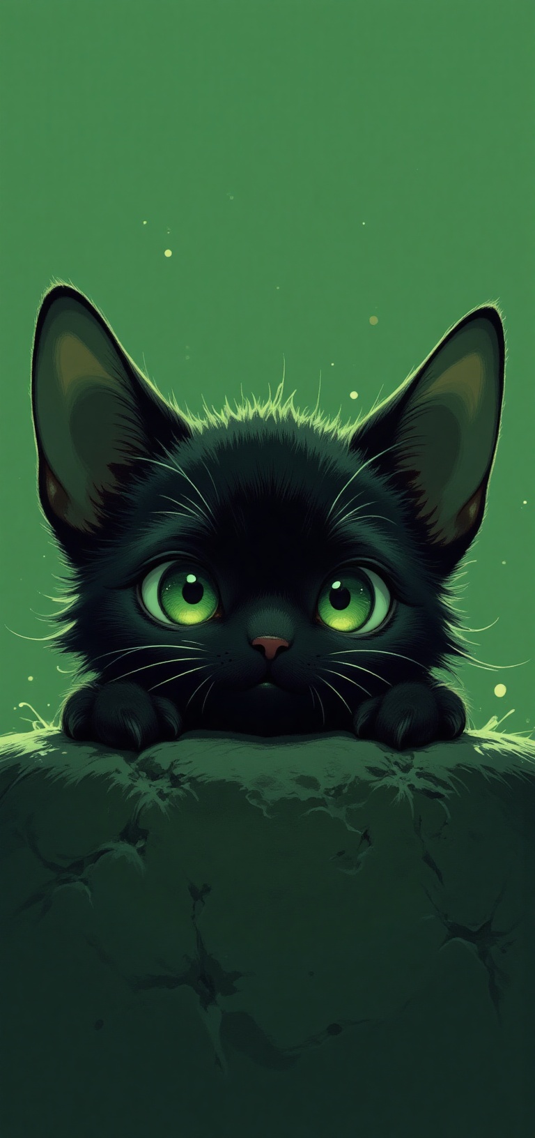 The picture shows the muzzle of a black anime cat with large round green eyes lying on a rough green surface. The cat's fu...