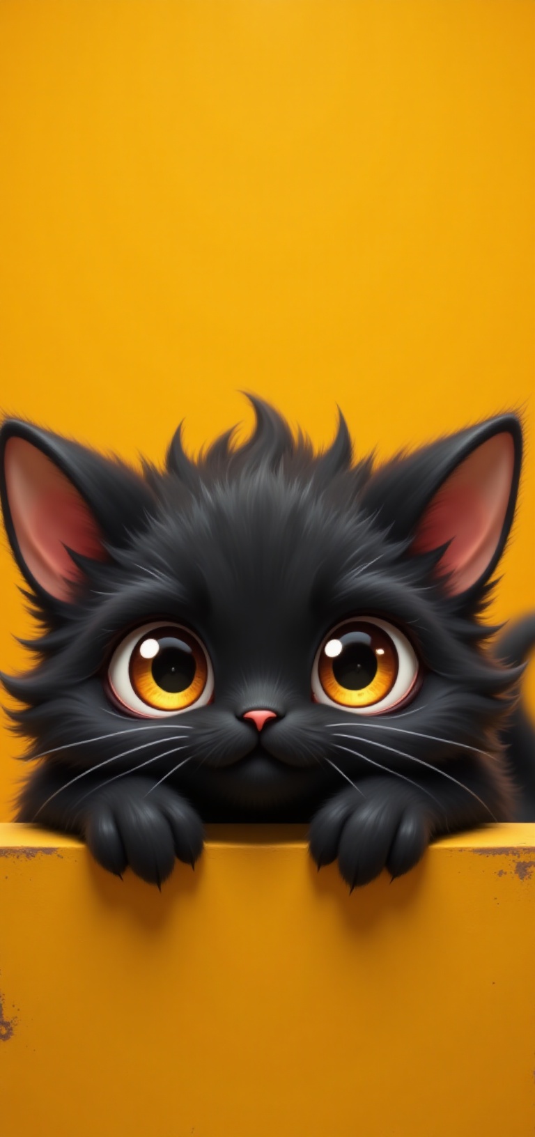 The picture shows the muzzle of a black anime cat with large round yellow eyes lying on a yellow wooden surface. The cat's...