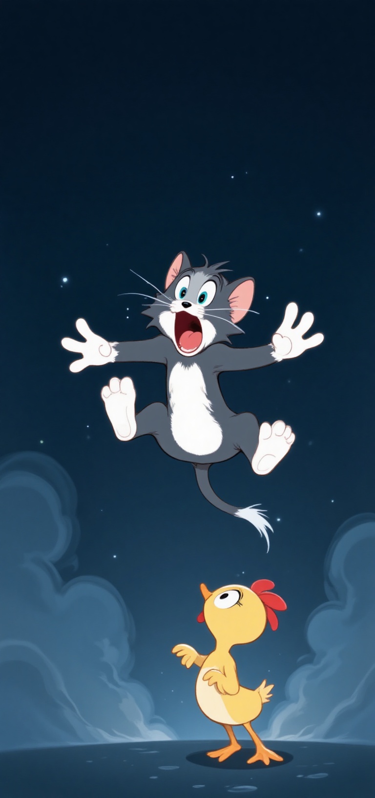The image shows Tom Jerry cartoon cat floating in the air,  giving the impression that he is jumping or flying. This cat h...