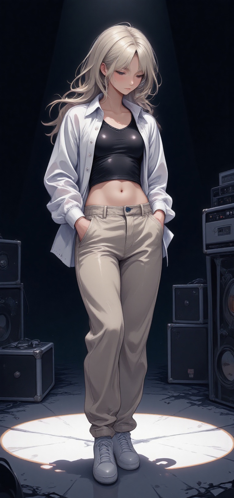 The picture shows a girl anime standing in a dark room in the spotlight. The girl anime is wearing a white shirt that is s...