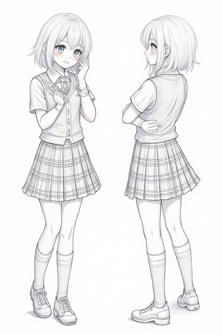 The image depicts two sketches of a female character in a school uniform. On the left,  the character is shown from the fr...