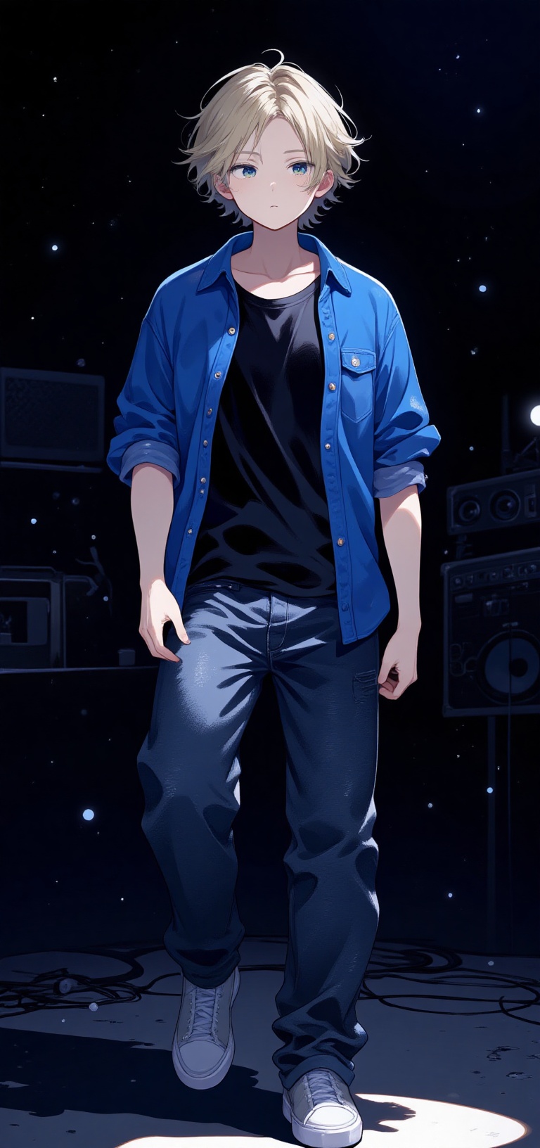 The photo shows an anime guy standing in a dark room in the spotlight. The anime guy is wearing a blue shirt,  slightly un...